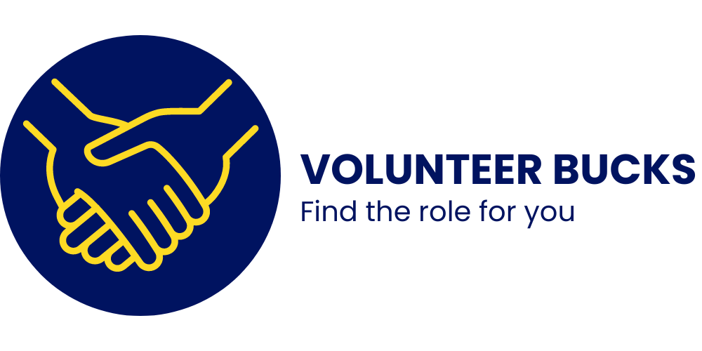 Blue round logo with two yellow hands shaking in the middle, with words Volunteer Bucks - find the role for you