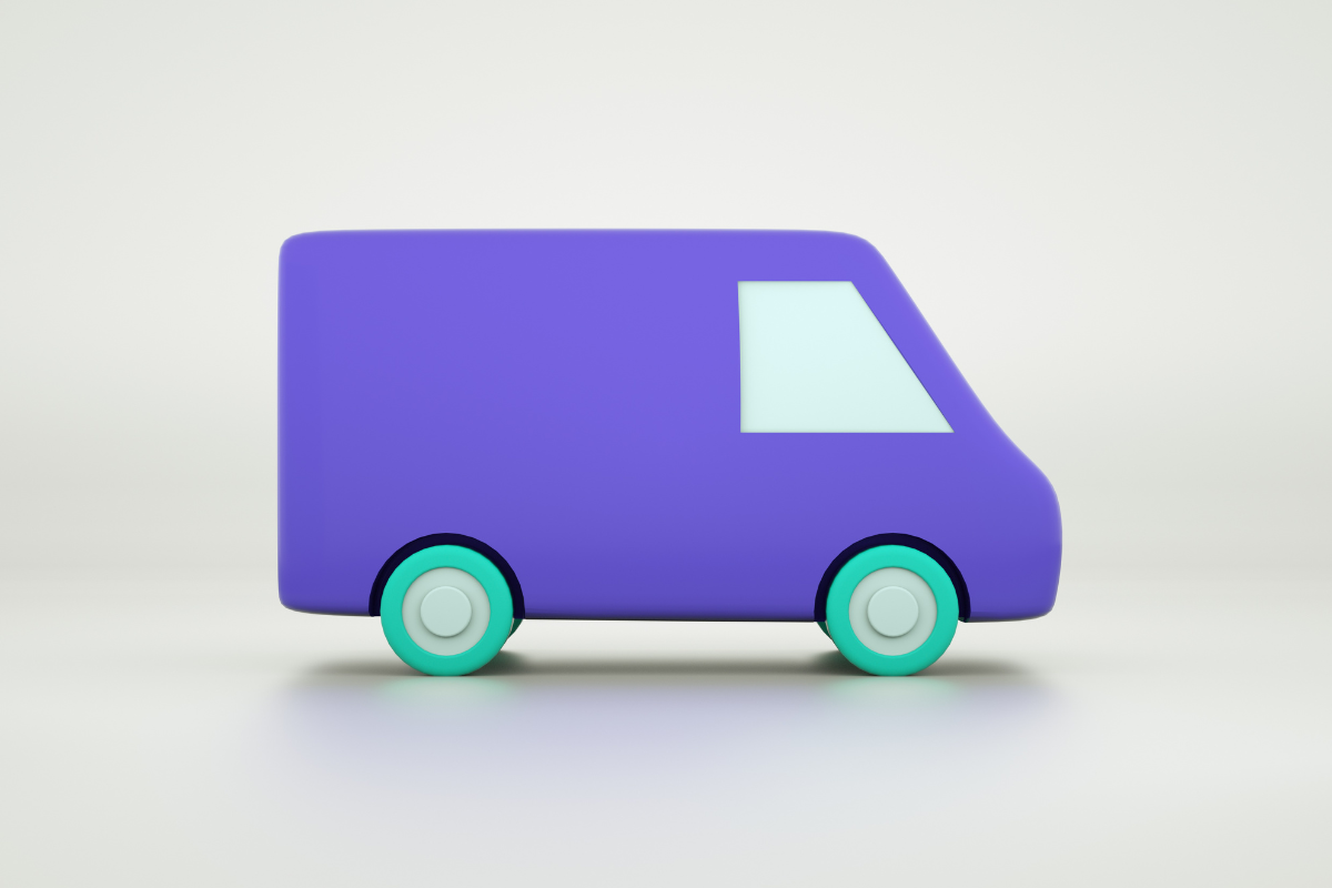 Purple toy van with turquoise wheels